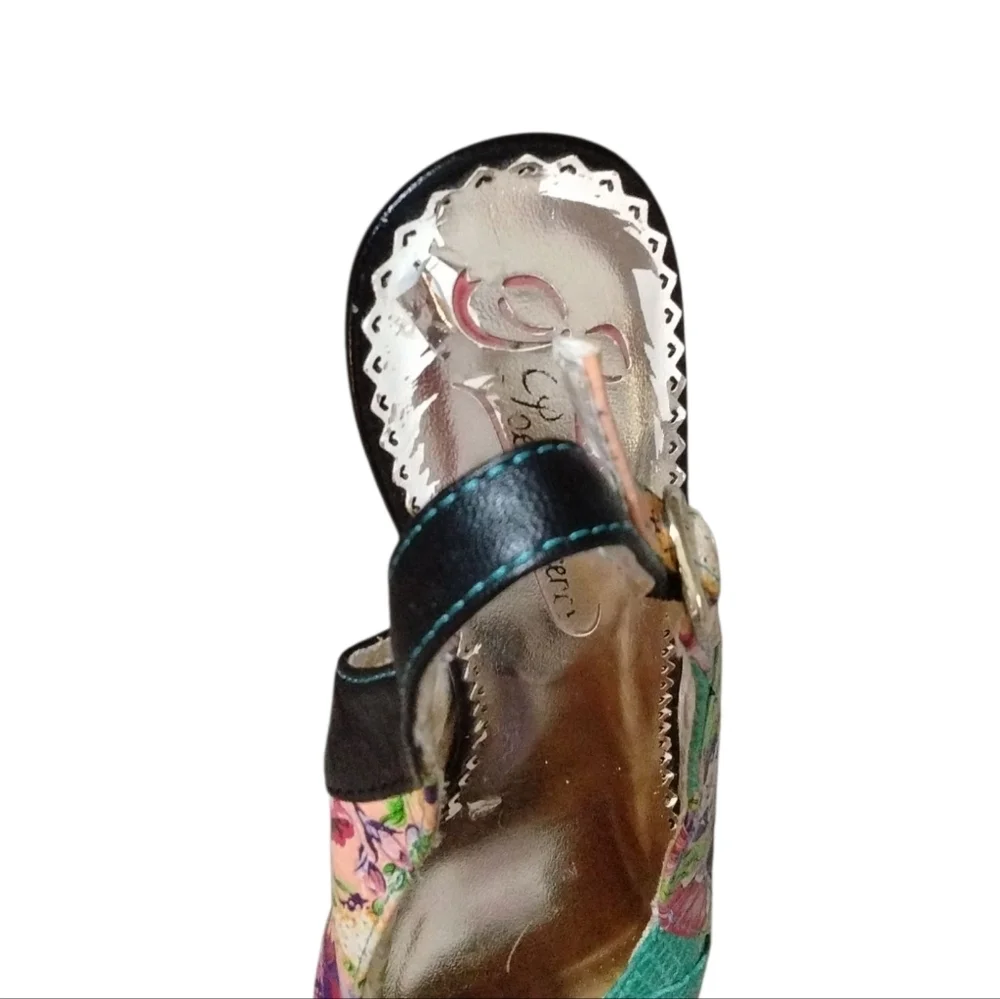 POETIC LICENSE Passion Fruit Tea Party Peep Toe Leather Sling Back Heels Sz 5.5